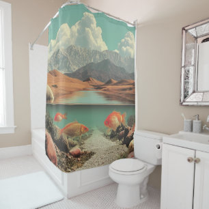 Rideaux De Douche Désert et lac surréalistes avec poissons rouges