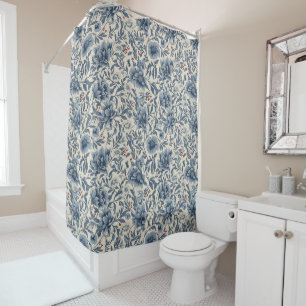 Rideaux De Douche Design d'art botanique vintage bleu-rouge-blanc