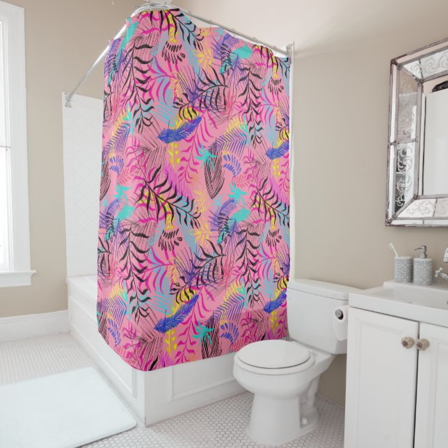 Rideaux De Douche Design élégant Pink Blue Turquoise Foliing Feuille (En situation)
