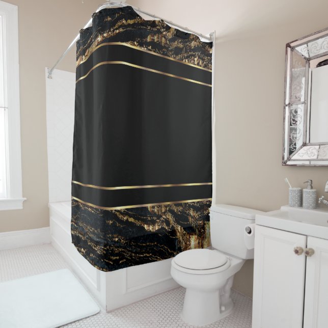 Rideaux De Douche Design en marbre noir et or (En situation)