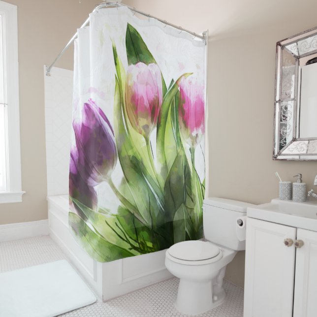 Rideaux De Douche Design Floral Rose Et Violet (En situation)