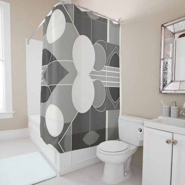 Rideaux De Douche Design géométrique gris et blanc avec lignes de ce (En situation)