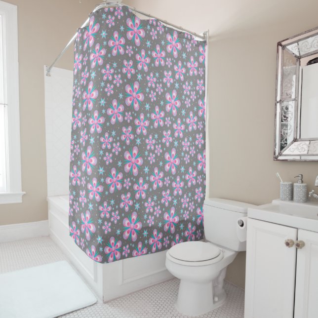 Rideaux De Douche Design Retro Rose & Turquoise Floral (En situation)