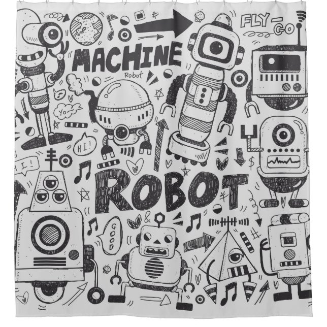 Rideaux De Douche Dessin de l'illustrateur de robots à doodles (Devant)