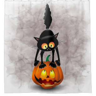 Rideaux De Douche Dessin d'Halloween au chat effrayé sur Citrouille