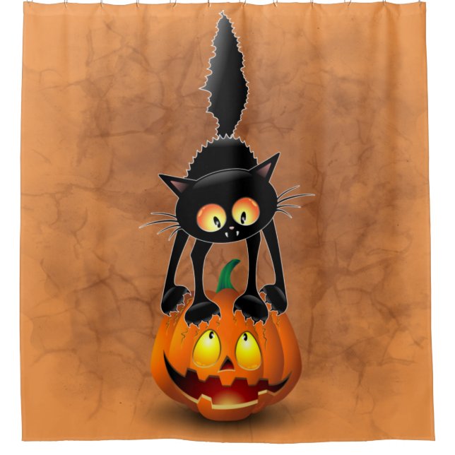 Rideaux De Douche Dessin d'Halloween au chat effrayé sur Citrouille (Devant)