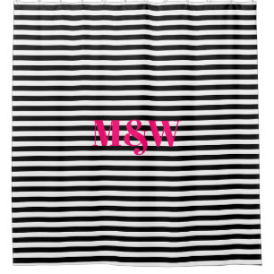Rideaux De Douche Deux initiales rose monogramme noir blanc rayures
