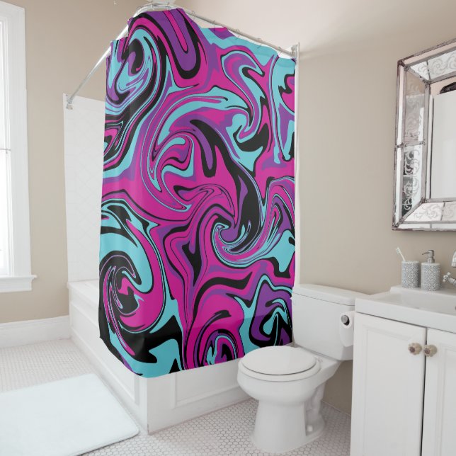 Rideaux De Douche Déversement - rose, violet, bleu et noir (En situation)