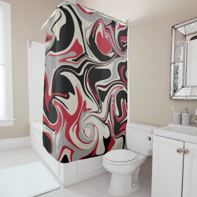 Rideaux De Douche Déversement - Rouge, gris, noir et blanc os (En situation)