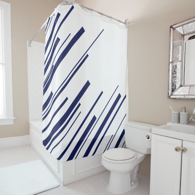 Rideaux De Douche Diagonales en bleu et blanc (En situation)