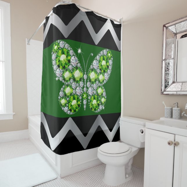 Rideaux De Douche Diamants d'émeraude Rhinestones Papillon (En situation)
