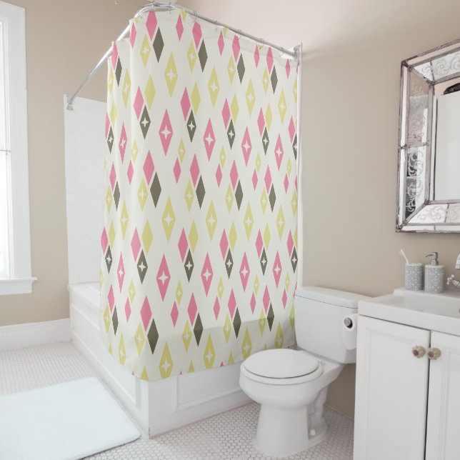 Rideaux De Douche Diamants MCM Atomique Motif Rose, Jaune, Vert (En situation)