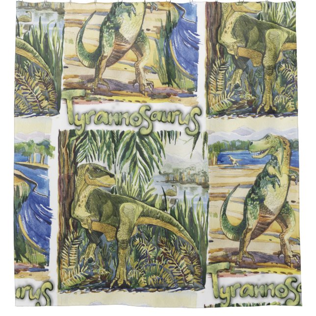 Rideaux De Douche Dinosaure Era : Illustration du paysage aquarelle (Devant)