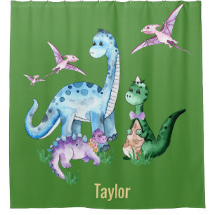 Rideaux De Douche Dinosaures Bleu pourpre Vert Enfants Nom personnal