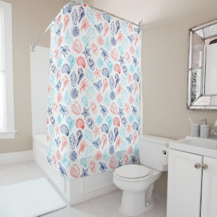 Rideaux De Douche Divers coquillages bleu rouge ligne art motif