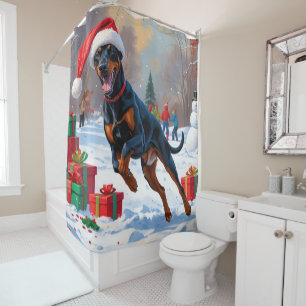 Rideaux De Douche Doberman courant dans la neige avec un chapeau de