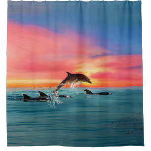Rideaux De Douche Dolphin Tropical Beach Sunset Seascape