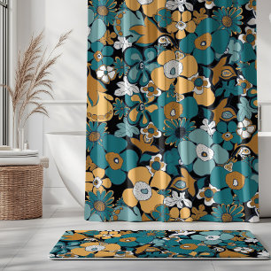Rideaux De Douche Doodle Floral Aqua Sarcelle Moutarde Noir Blanc