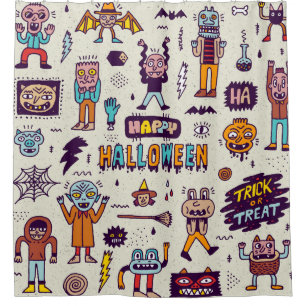 Rideaux De Douche Doodles d'Halloween, bande dessinée délirante sans