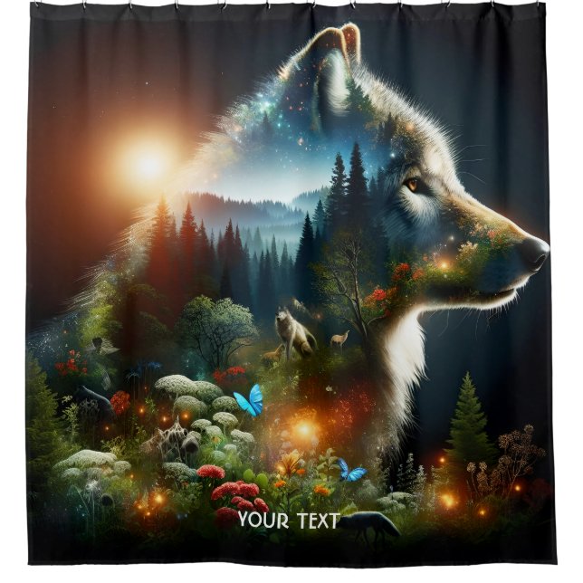 Rideaux De Douche Double exposition de loup mignon Imaginaire (Devant)