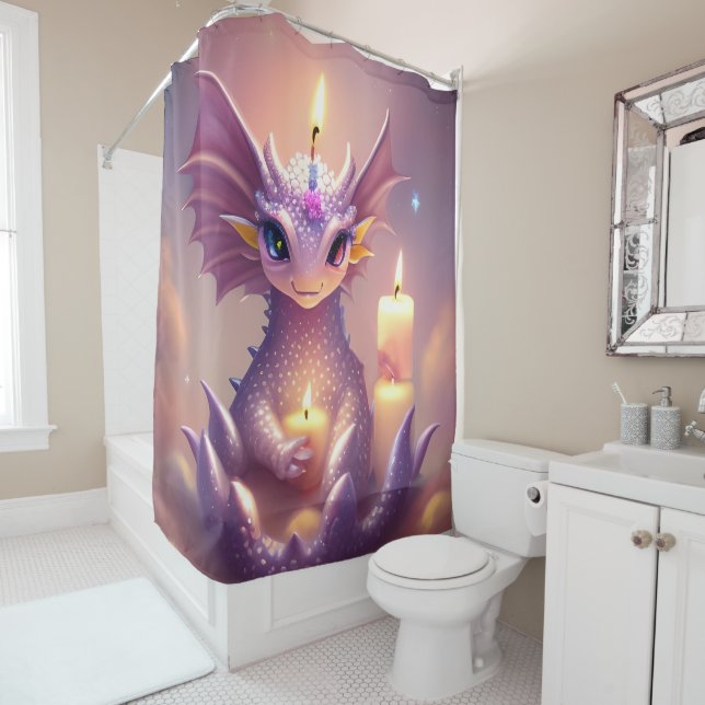 Rideaux De Douche Dragon d'Imaginaire aux bougies d'anniversaire (En situation)