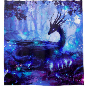 Rideaux De Douche Dragon noir, scène de forêt nocturne.