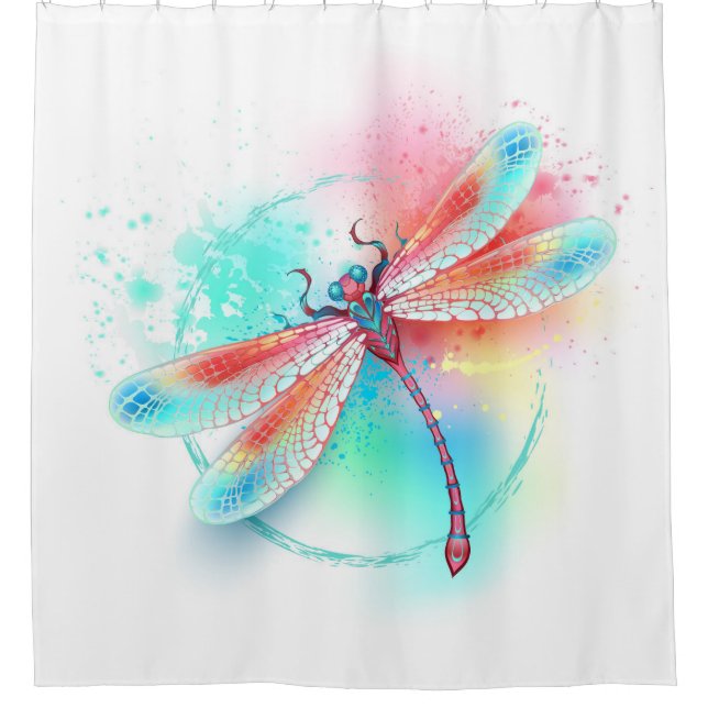 Rideaux De Douche Dragonfly rouge sur l'arrière - plan aquarelle (Devant)