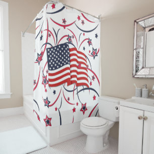 Rideaux De Douche Drapeau américain et feux d'artifice avec étoiles