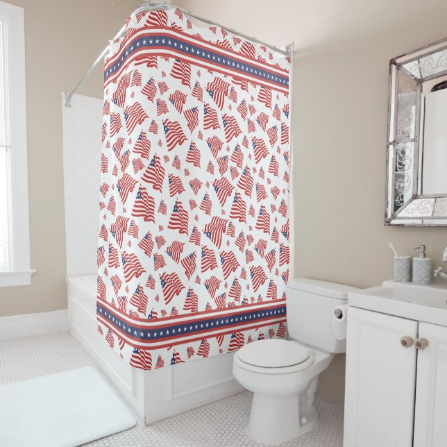 Rideaux De Douche Drapeau américain Motif aléatoire Rouge Blanc Bleu (En situation)