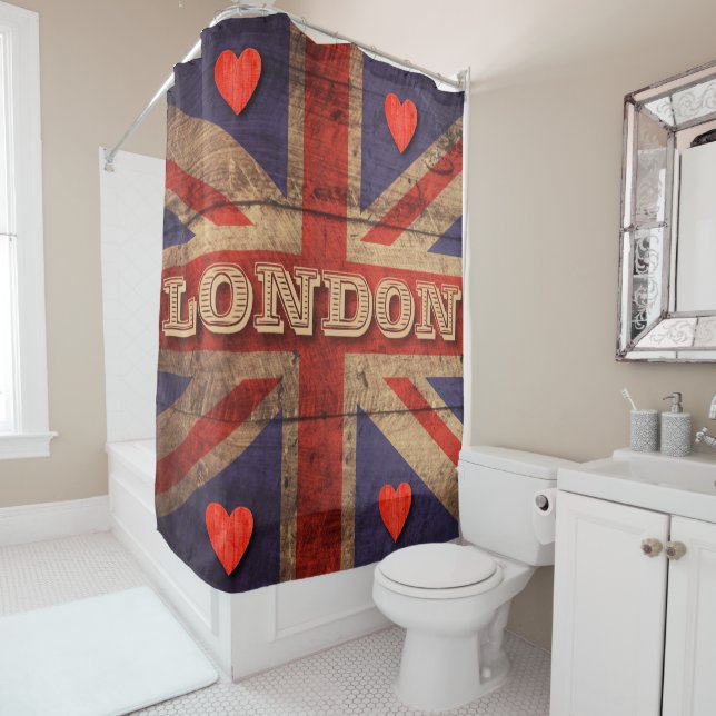 Rideaux De Douche Drapeau anglais Londres Coeurs rouges Angleterre (En situation)