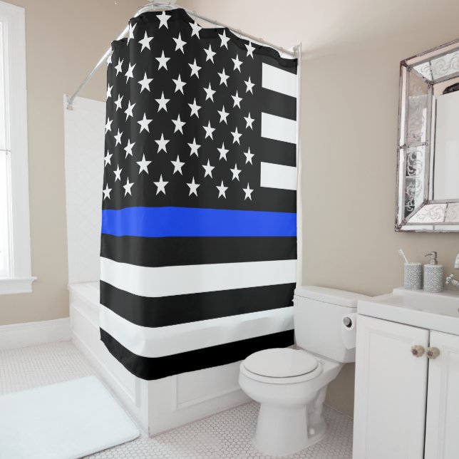Rideaux De Douche Drapeau de police de la ligne bleue mince (En situation)