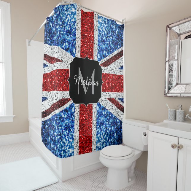 Rideaux De Douche Drapeau rouge bleu blanc brillant parties scintill (En situation)