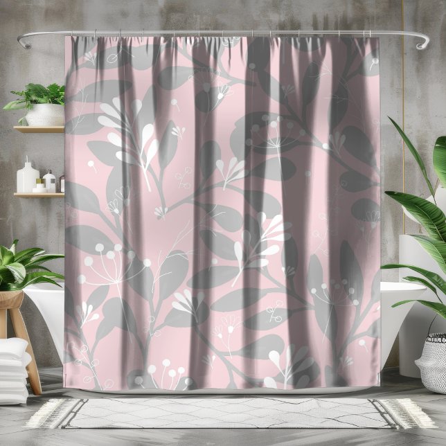 Rideaux De Douche Dreamical Botanical : Toile rose avec Feuilles gri (Créateur téléchargé)