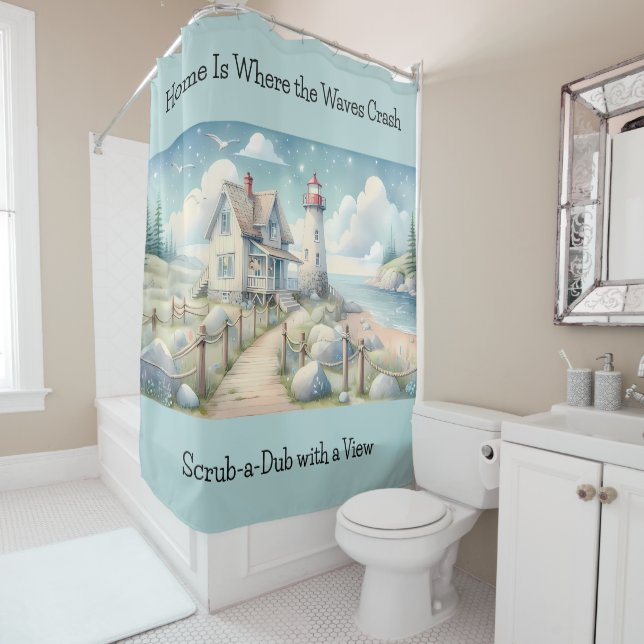 Rideaux De Douche Dreamy Pastel Lighthouse by the Sea (En situation)