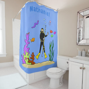 Rideaux De Douche Drôle plongeur et poisson mer créatures dessin ani