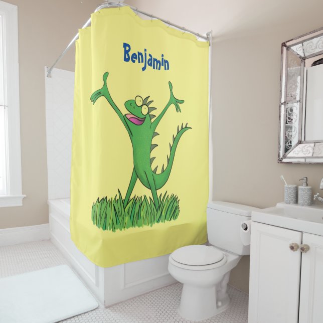 Rideaux De Douche Drôle vert souriant animé lézard d'iguane (En situation)
