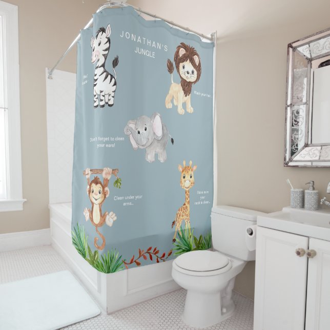Rideaux De Douche Dusty Blue Kid's Jungle Animaux drôle Nom personna (En situation)