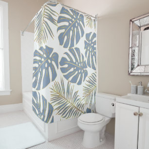 Rideaux De Douche Dusty blue tropical leaves with gold outline