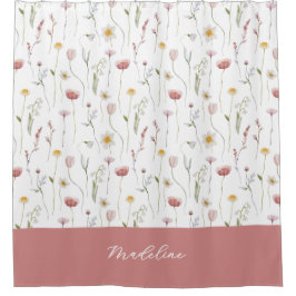 Rideaux De Douche Dusty Pink Watercolor Wildflower Monogram Name