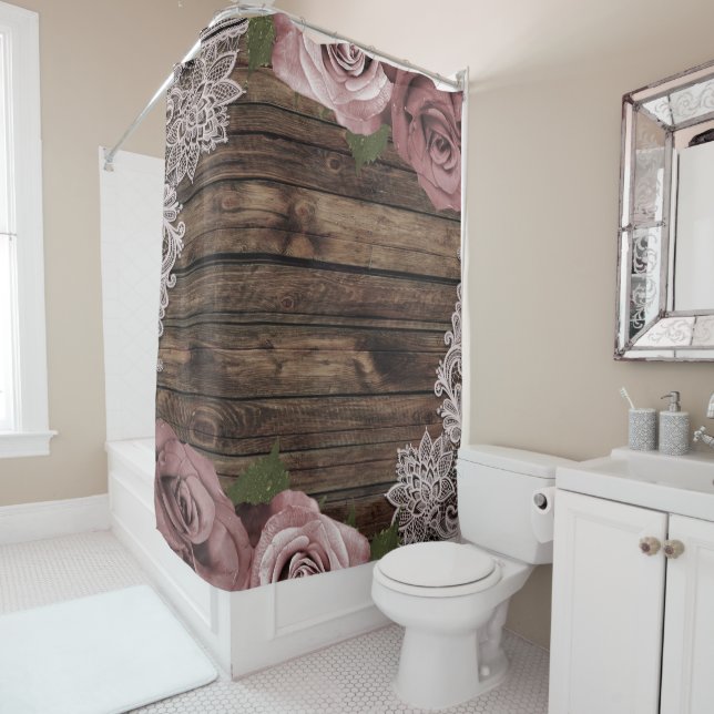 Rideaux De Douche Dusty Rose Mauve Rose dentelle fleurie Bois rustiq (En situation)