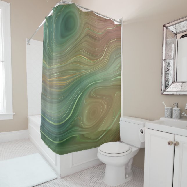 Rideaux De Douche Earthy Emerald Strata | Agate d'encre verte et dor (En situation)