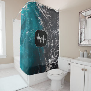 Rideaux De Douche Eau sombre noir bleu mousse ondulée Monogramme