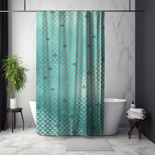 Rideaux De Douche Echelles de sirène en or et bleu ombre (Gold and Blue Ombre Mermaid Scales Shower Curtain)