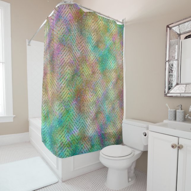 Rideaux De Douche Éclairage Arc-en-ciel en or brillant Motif Chevron (En situation)