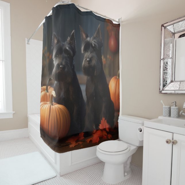 Rideaux De Douche Écossais Terrier Chiot Automne Citrouille délice (En situation)