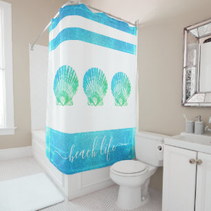 Rideaux De Douche Ecriture de vie de plage de coquillages bleu turqu