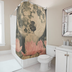 Rideaux De Douche Élégance Lune - Vue arrière d'une femme avec Lune
