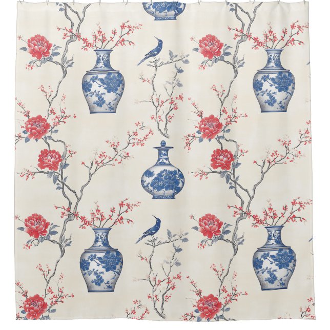 Rideaux De Douche Elégance orientale : Porcelaine bleue et fleurs (Devant)
