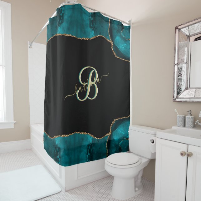 Rideaux De Douche Élégant 3 couleur Monogramme Turquoise Black Gold  (En situation)