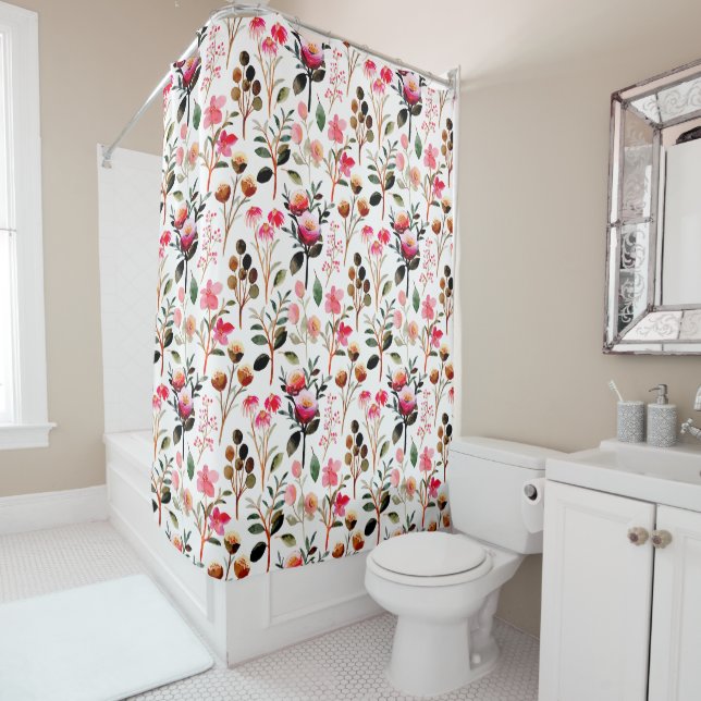 Rideaux De Douche Elégant Aquarelle rose Floral Motif (En situation)